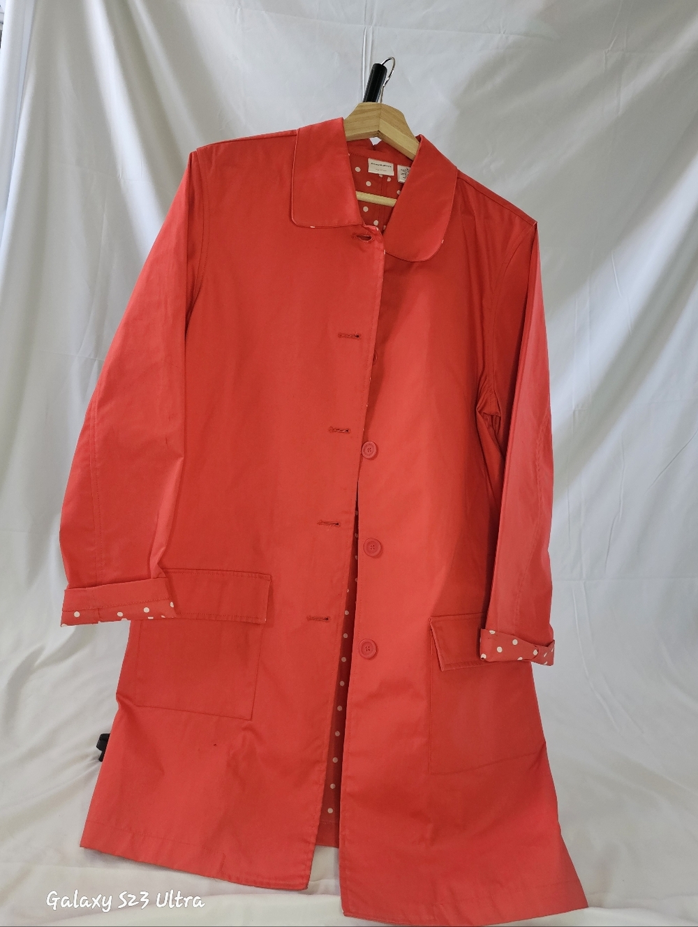 Isaac Mizrahi Red Trench Coat with Polka Dot Trim